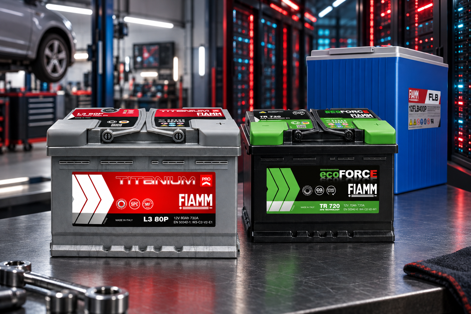 FIAMM TITANIUM PRO, ecoFORCE and FLB batteries between a workshop and a data centre
