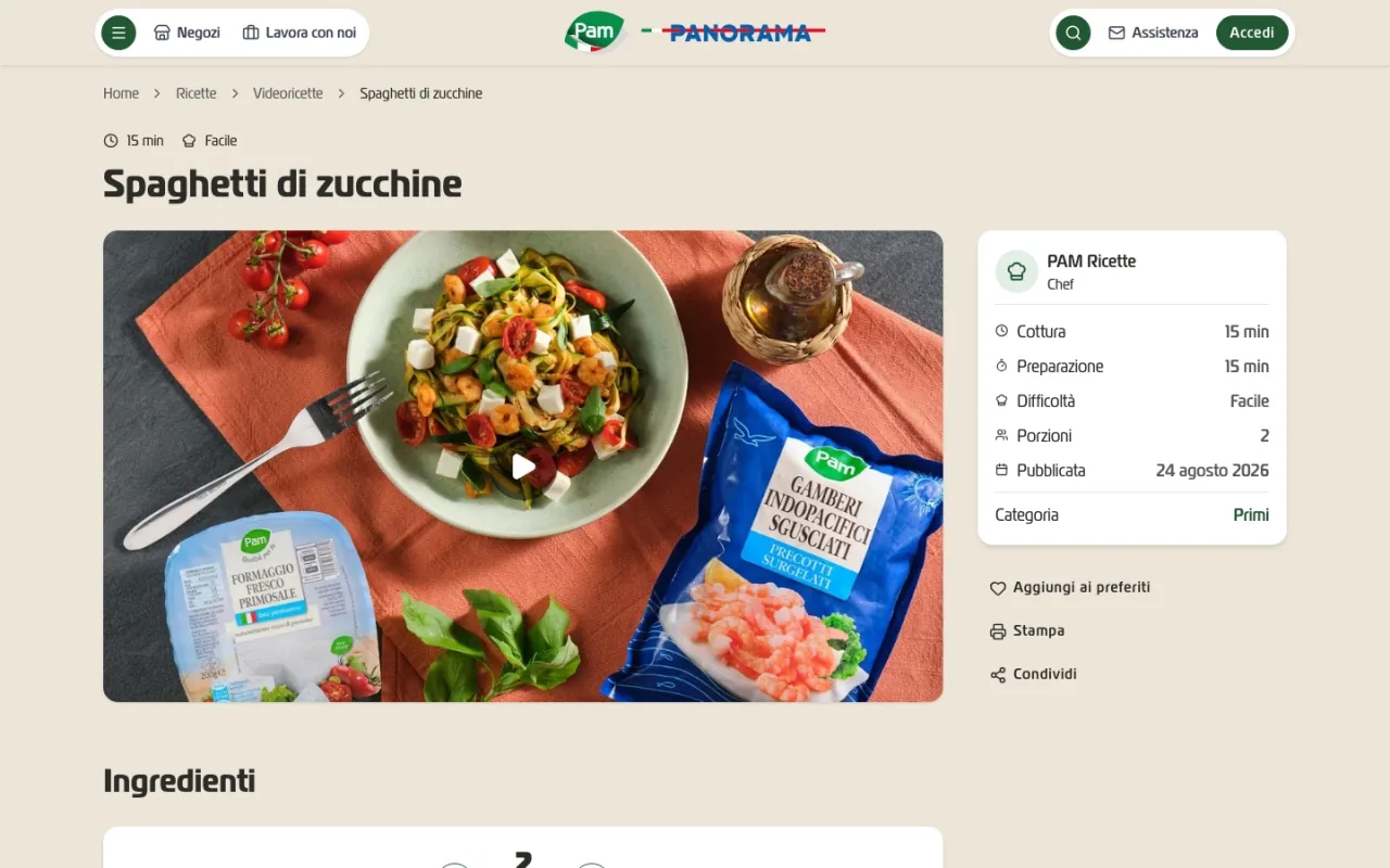 Pagina ricetta Pam degli spaghetti di zucchine