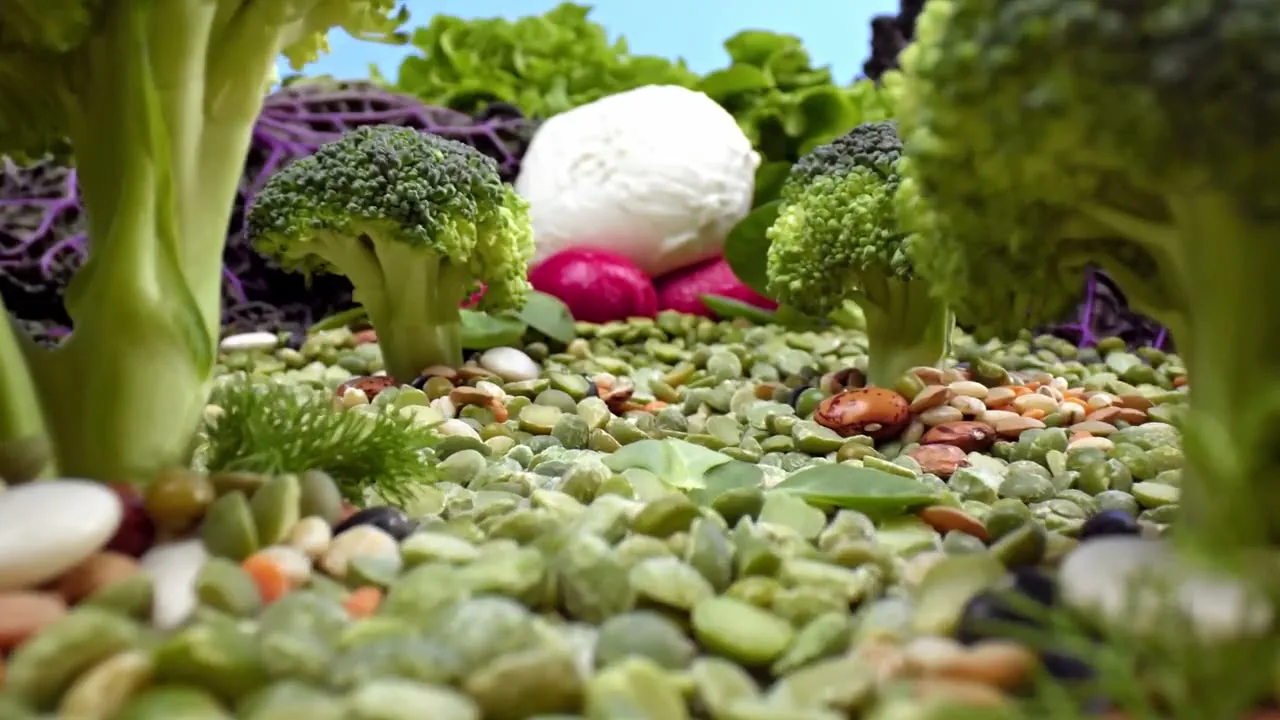 Una foresta in miniatura di broccoli, legumi e mozzarella costruita sul set, da una produzione Fornace